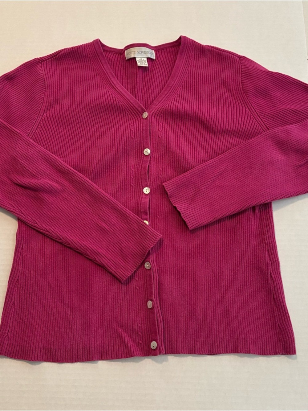 Petite Sophisticate Raspberry Pink Ribbed V-Neck Cardigan Size Small